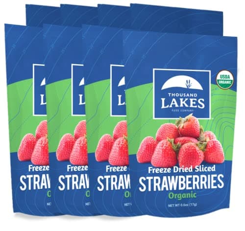 Thousand Lakes Freeze Dried Fruit - ORGANIC Strawberries 8-pack 0.6 ounces (4.8 ounces total) | No Sugar Added | 100% Sliced Organic Strawberries