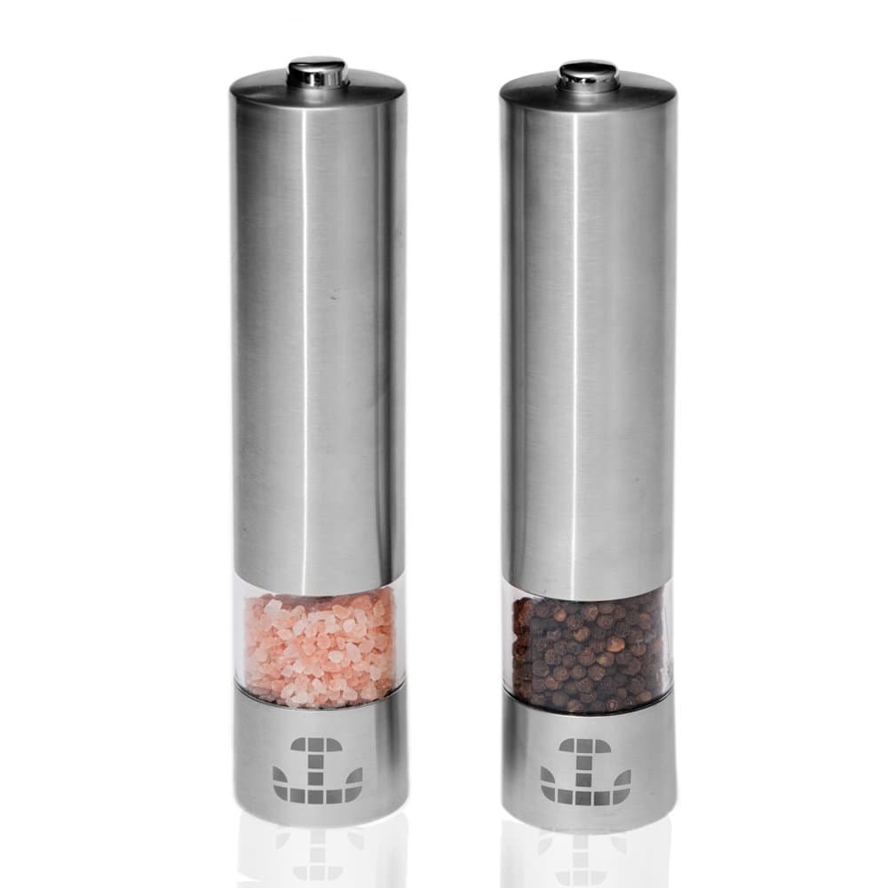 JTJ Products Salt and Pepper Shakers with Ceramic Spice Grinder (2-Piece Set) —Automatic Mills with Adjustable Grain Coarseness – Sleek Stainless Steel, Transparent Glass