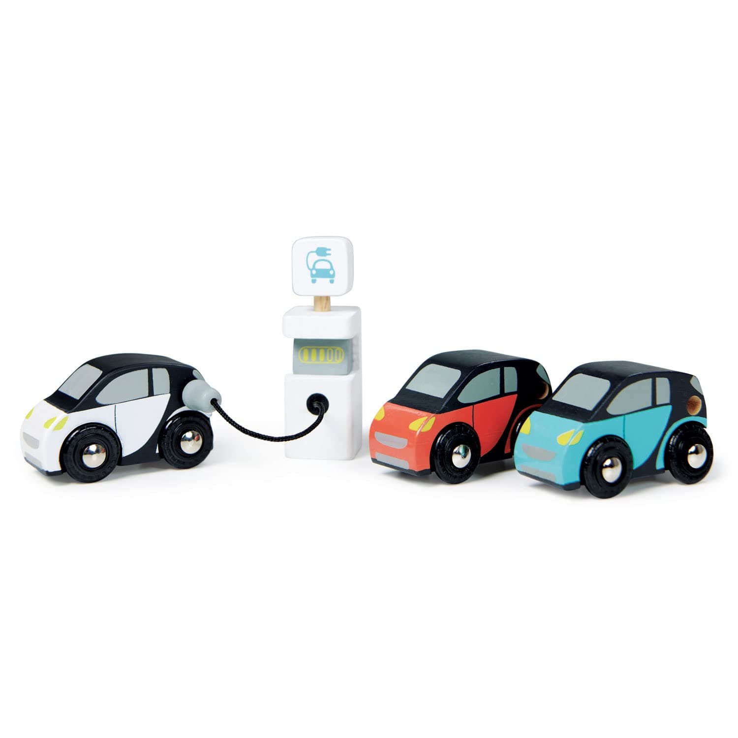 Smart Car Set - 3 Pretend Electric Wooden Smart Cars with Charging Unit - Open-Ended Play Toy, Explore Role-Play and Imagination, for Boys and Girls Age 18m+