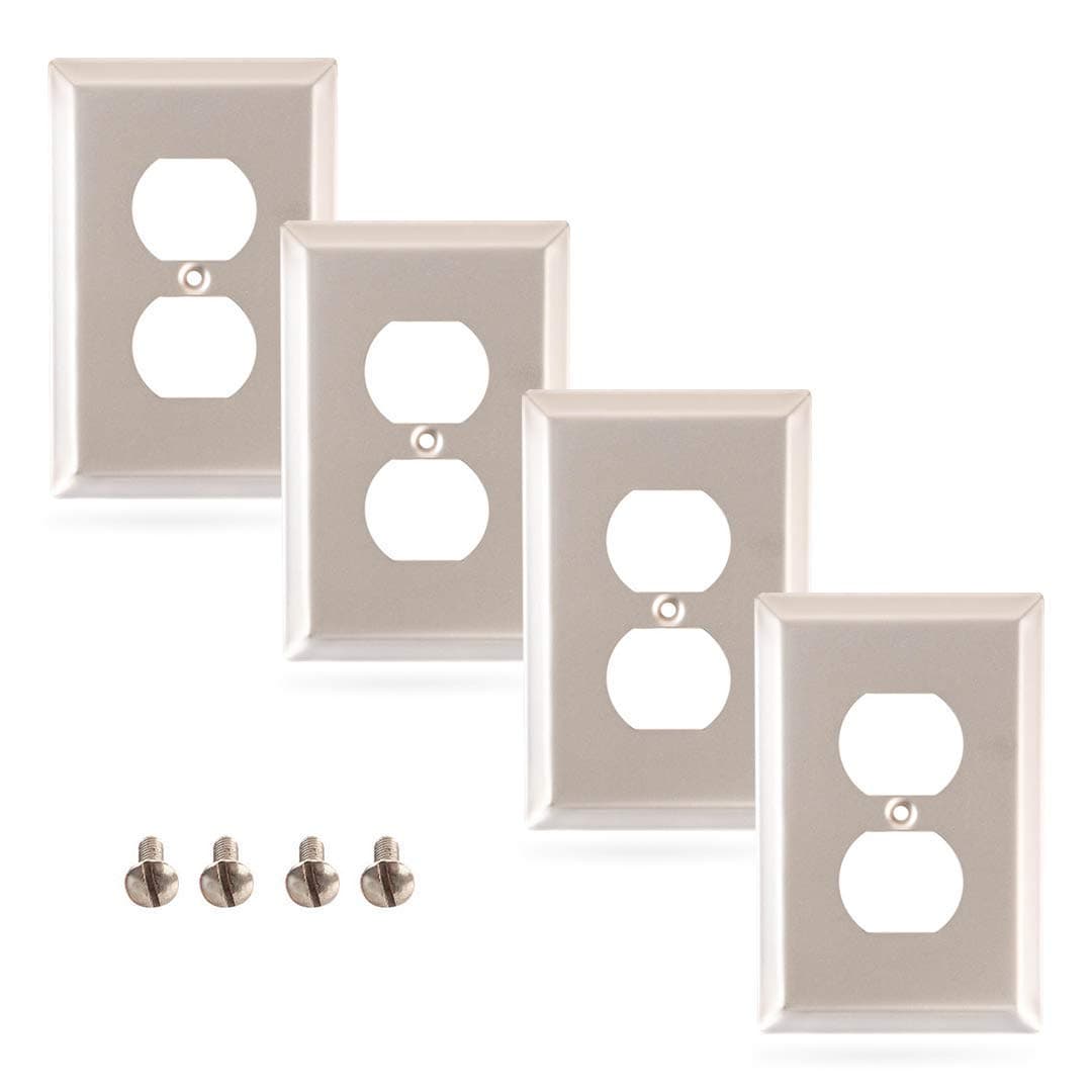 SLEEKLIGHTING Brushed Nickel Outlet Covers and Switch Plates-Decorative Wall Plate Light Switch Cover Flat -Variety of Styles: Decorator/Duplex/Toggle / & Combo-Size: 1 Gang Duplex (4Pack)