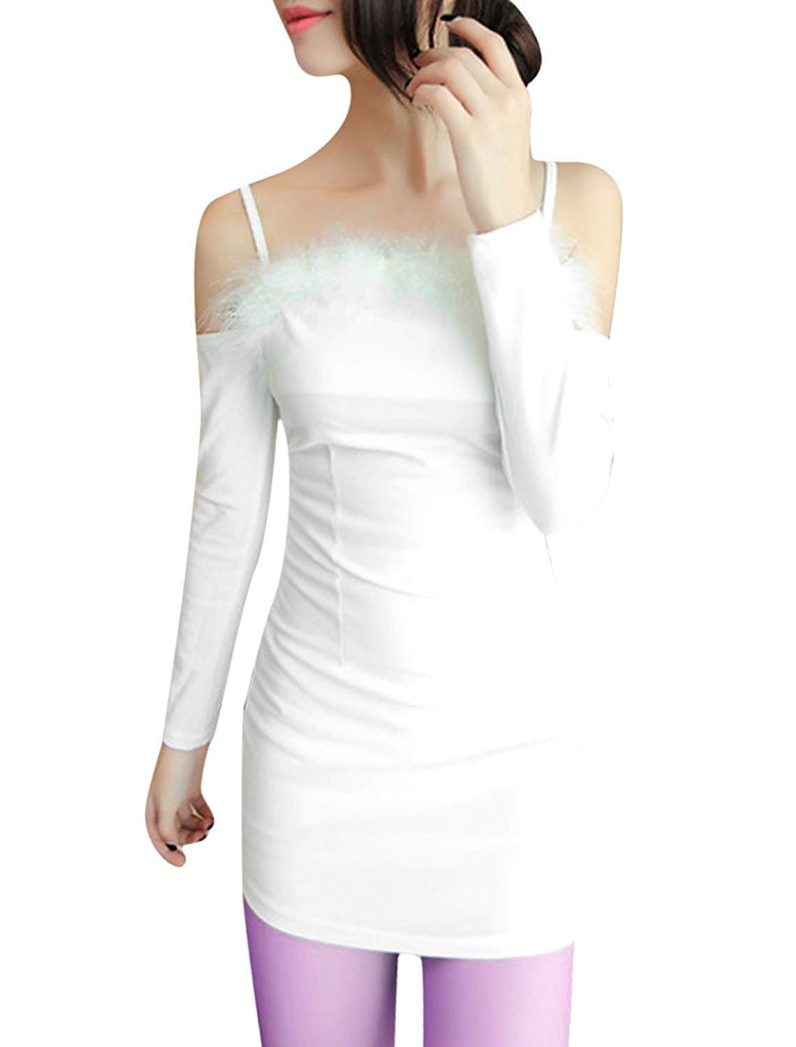 ELECTROPRIME Woman Spaghetti Straps Off-Shoulder Faux Fur Trimed Tunic Top Multicolour