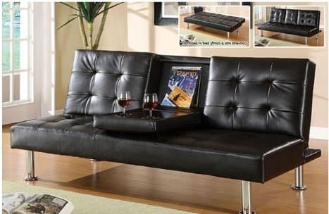 Sofa Bed, Leather - with Drop-Down Tray, Metal Legs, Black