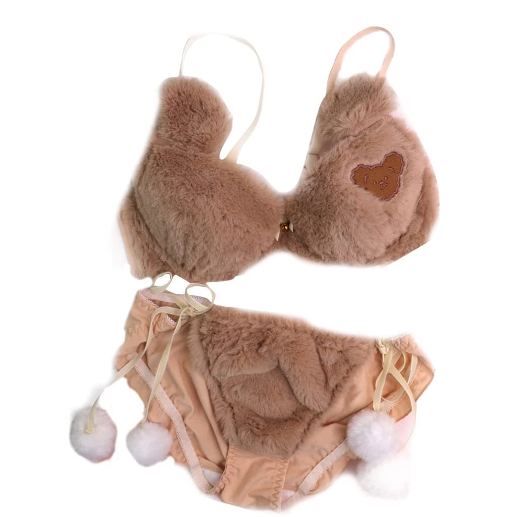 Ixkbiced Womens Lolita 2pcs Bra Panty Set Cute Bear Fluffy Plush Bow Underwear Lingerie