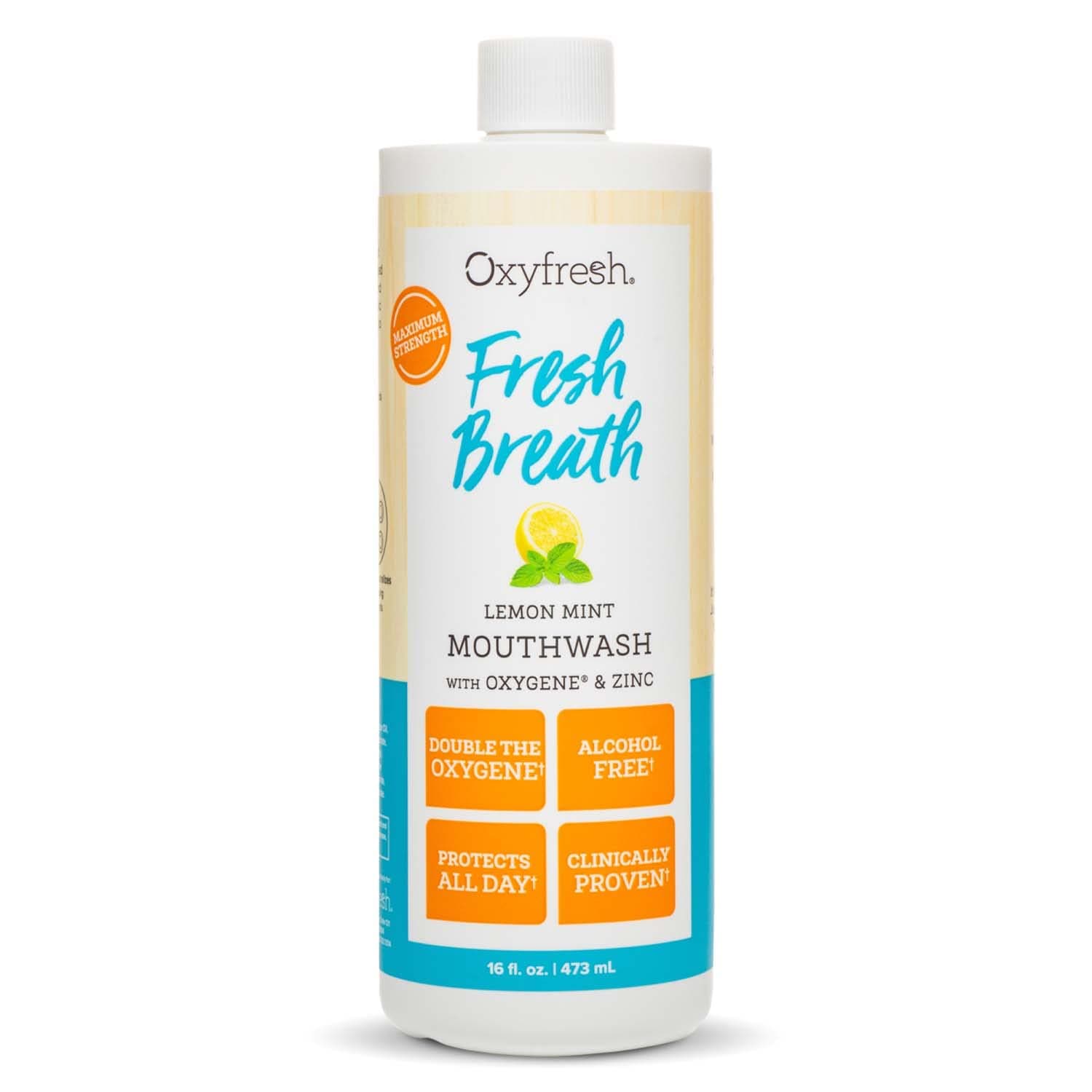 Oxyfresh Lemon Mint Fresh Breath Mouthwash – Bad Breath Treatment – SLS & Fluoride Free – Alcohol Free, Gentle Nonburning with Xylitol & Essential Oils – 16 Fl Oz