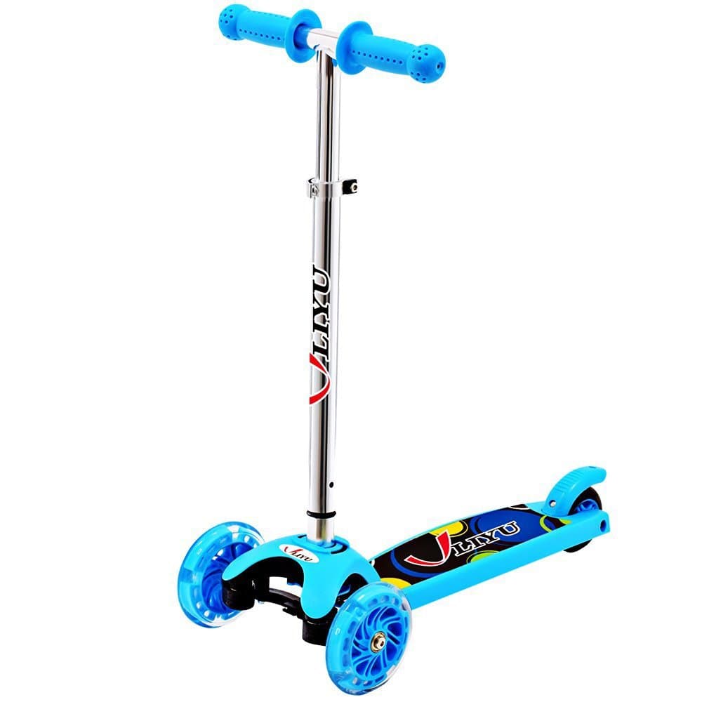 LIYU 1281F Mini Kick 3 Wheels with Big LED Flashing Scooter- Adjustable Height T-Bar/ Wide Durable Deck/ Lean to Steer/ Green Material for 2-6 years 77lbs Kids (Sky Blue)