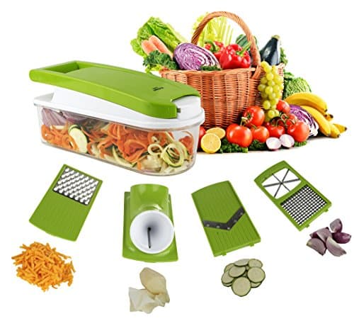 Vegetable Chopper Salad Cutter - 6 Interchangeable Blades, Onion Chopper, Mandoline Slicer, Spiralizer, Cheese Grater, with Storage Container by Kruger Home