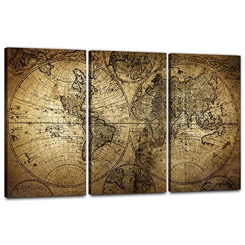 EAVUTY Vintage World Map Wall Art Canvas Retro Map of The World Canvas Wall Decor Posters Painting Prints Picture Framed 3 Panels for Living Room Bedroom Office School Ready to Hang(16" Hx24 W)