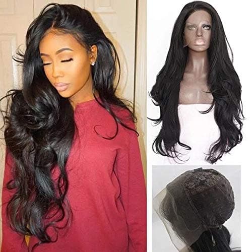 24" 1b Long Black Hair Wig Wave Synthetic Lace Front Wigs 180% Density Black Half Hand Tied Heat Resistant Fiber Hair Replacement Wig for Woman