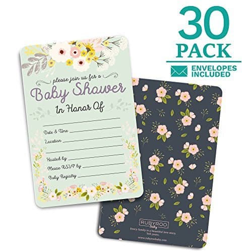 Baby Shower Invitations - 30 Cards + envelopes. Gender Neutral for boy or Girl. Match Baby Shower Games, Decorations & Favors. Perfect invites for Showers, Sprinkles or Gender Reveal Party. (Floral)