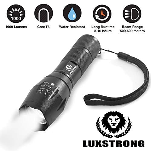 LuxStrong Ultra Bright 1000 Lumens CREE T6 LED Tactical Flashlight, Military Grade, Water Resistant, Adjustable Zoom, with Rechargeable 18650 Battery and AC Charger For Camping, Hiking