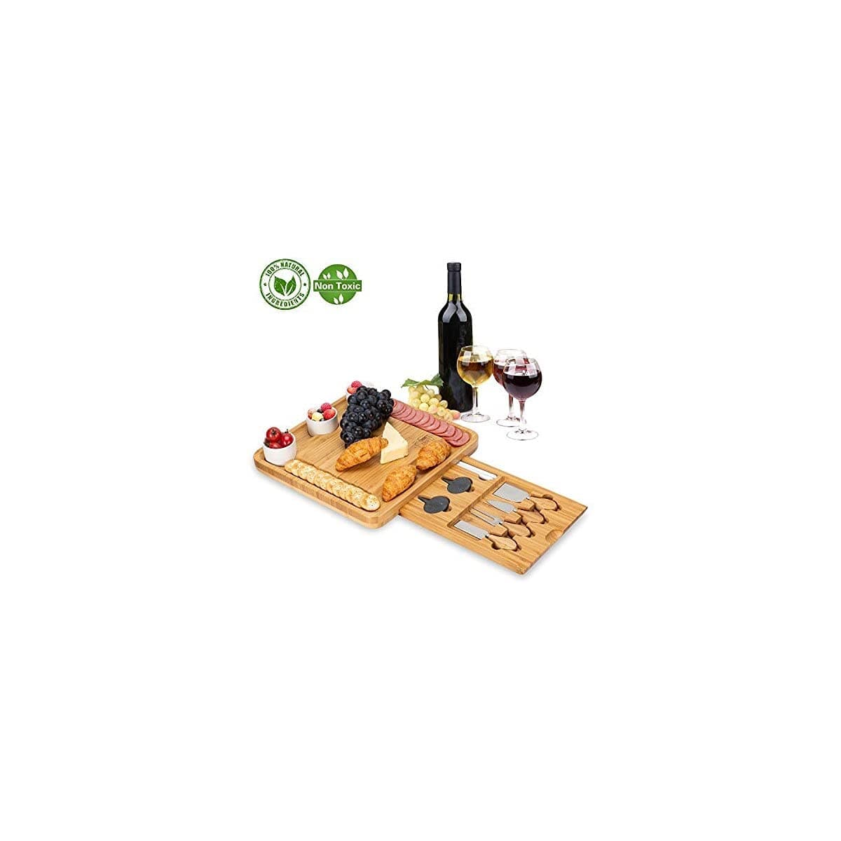 Bamboo Cheese Board with Cutlery Set-Charcuterie Cheese Plate Include 3 Ceramic Bowls with Marker Set by OasisCraft (Cheese Board)