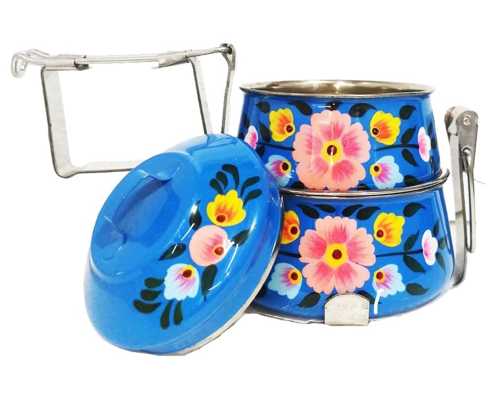 King International Stainless Steel Lunch Box, Blue Color, 2 Tier, Compartment with Locking Clip, Steel Lunch Box for Office Men & Women, Leak Proof Tiffin Box, Tiffin Box for Office for Men