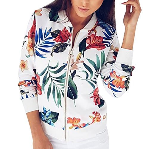 iYBUIA Autumn Womens Ladies Retro Print Floral Zipper Up Bomber Jacket Casual Coat Outwear(White,L)