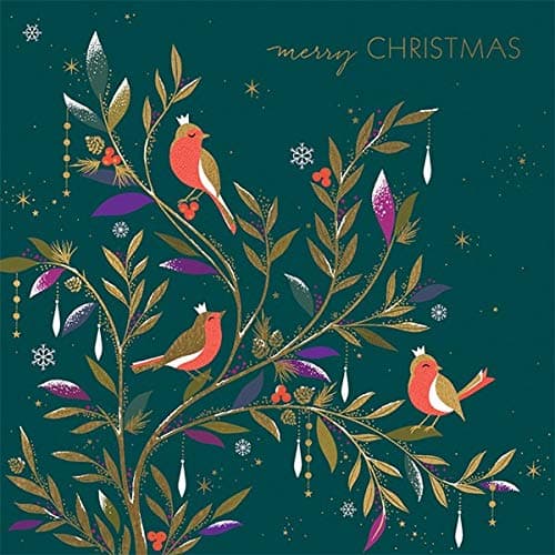 Christmas Card Box. Three Robins by Sara Miller. 8 Foiled and Embossed Christmas Cards. Size 16 x 16 cm Standard Postage