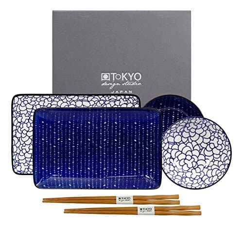 TOKYO design studio, Le Bleu de Nimes, sushi set, 6 pieces. 2 sushi plates, 2 sauce bowls, 2 pairs of wooden chopsticks. Sushi plate porcelain set.