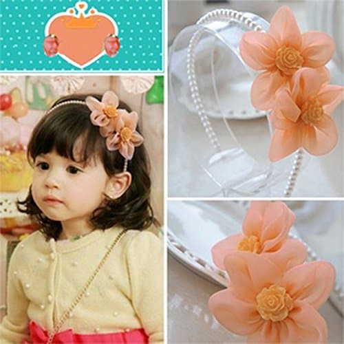 Miya® 1 piece super cute baby girl pearl hair band with large beautiful flowers flowers satin and veil, hair accessory headband, colour light orange