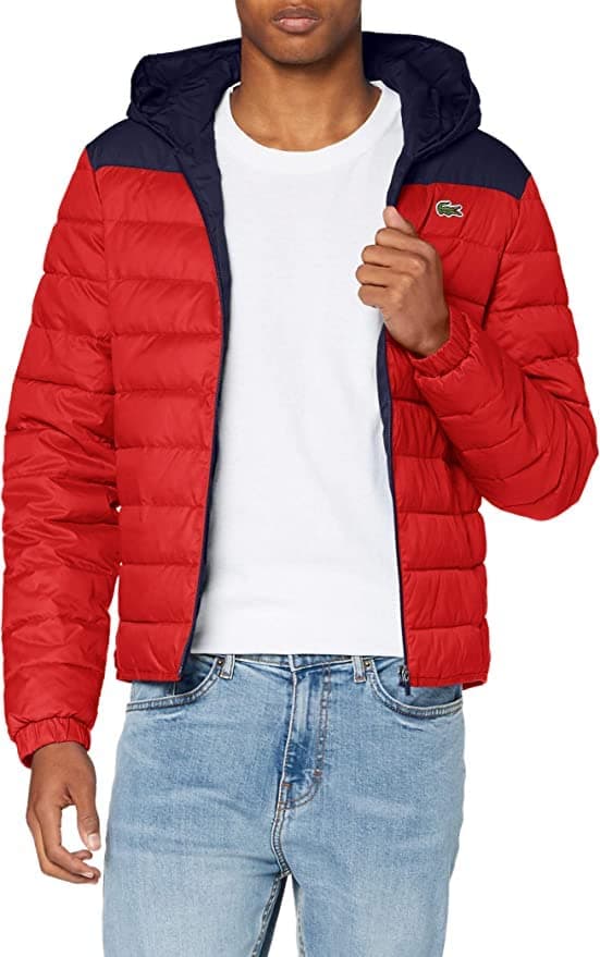 Lacoste SPORT Men’s Hooded Water-Resistant Quilted Jacket, Red/Navy Blue, LARGE (54)