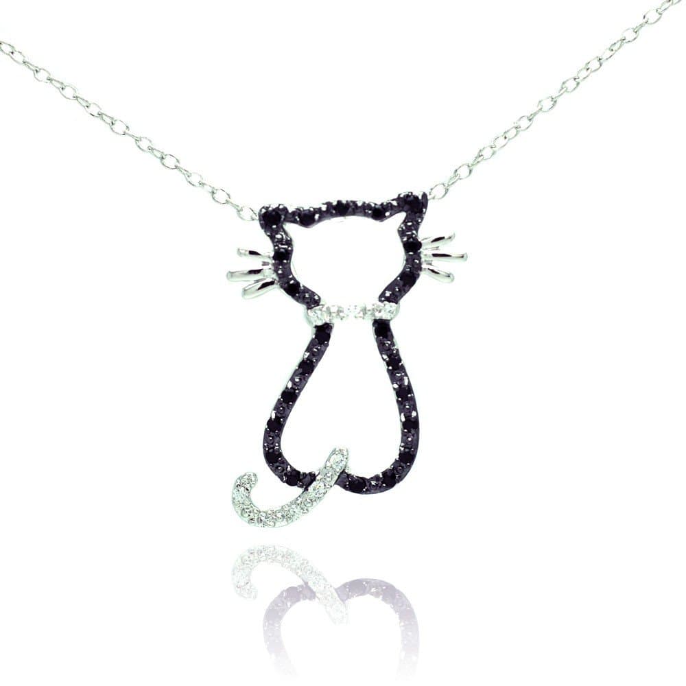 Forever Flawless Jewelry Rhodium Plated Sterling Silver Black White CZ Cat Pet Animal Pendant Necklace