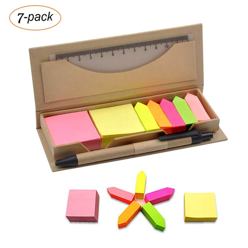 Super Sticky Notes Multi-Function Colourful Memo Box, Self-Stick Notes Set-2 Square Notes/5 Arrow Index Flags/A Ruler/A Pen Kraft Paper Bundle