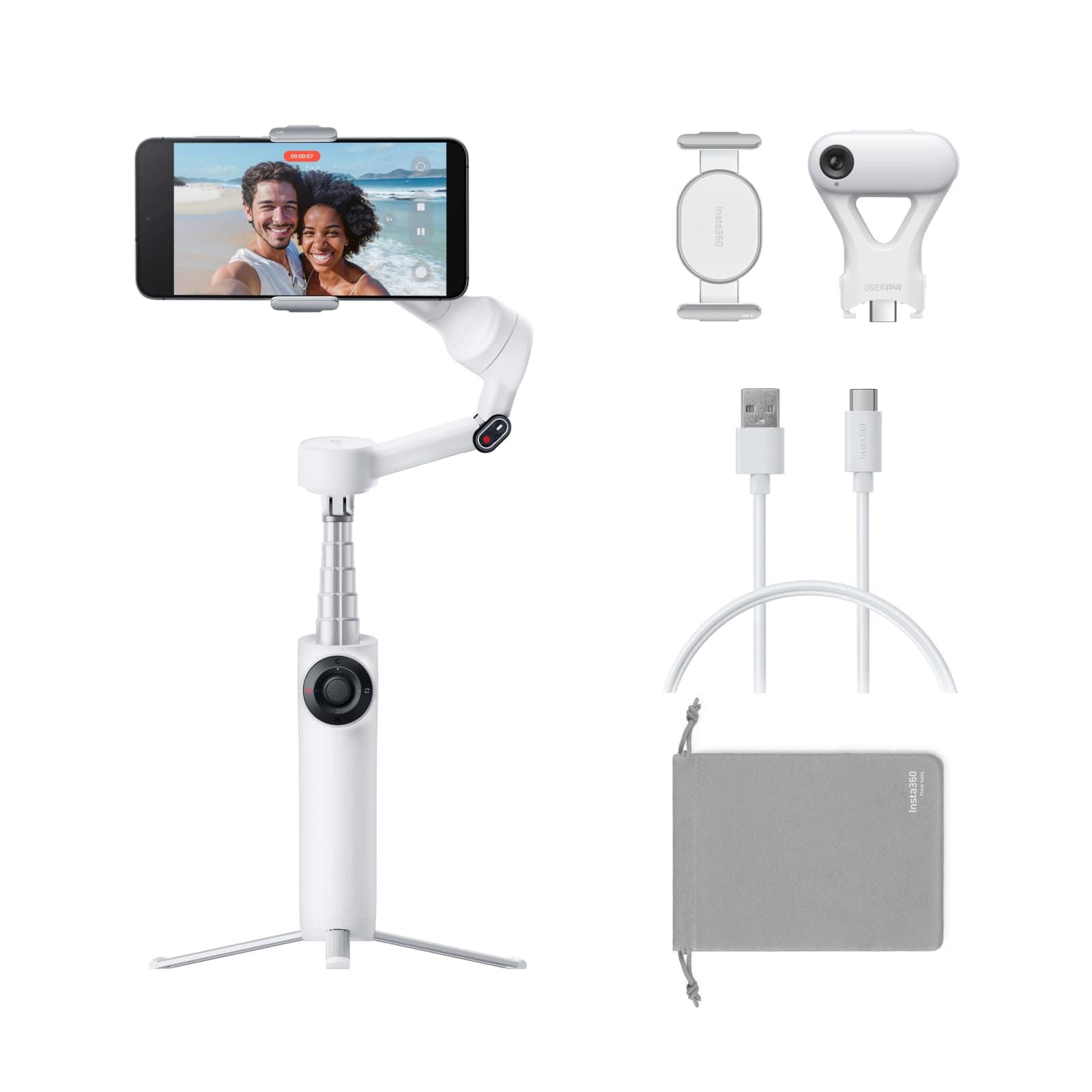 Flow 2 Plus AI Tracker Bundle White - Foldable Phone Gimbal, AI Tracking with Any App, Multi-Person Tracking, Built-in Tripod/Selfie Stick, Remote Control, iPhone/Android Stabilizer, Travel