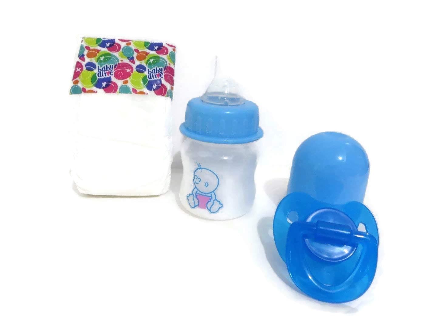 Baby Doll Set Compatible with Older Wide Open Mouth Snackin Luke or Open Mouth Reborn- Custom 2oz Preemie Baby Bottle Fake Milk + Baby Alive Diaper + Blue Pacifier NO Doll - Pretend Play