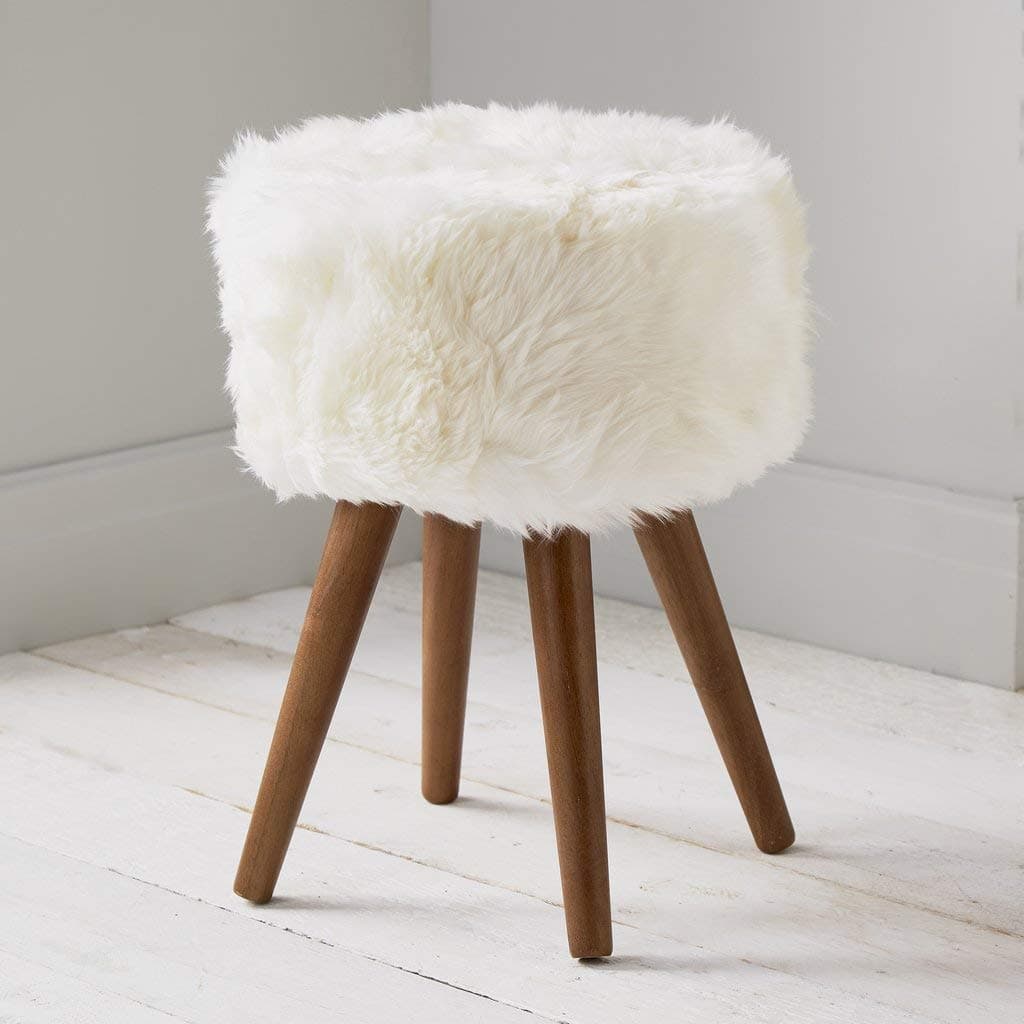 Genuine Natural Cream White Sheepskin Dressing Table Foot Stool with Solid Oak Legs (ST-Sheep-NAT) **Available in Pink, Grey, and Natural** [Energy Class A]