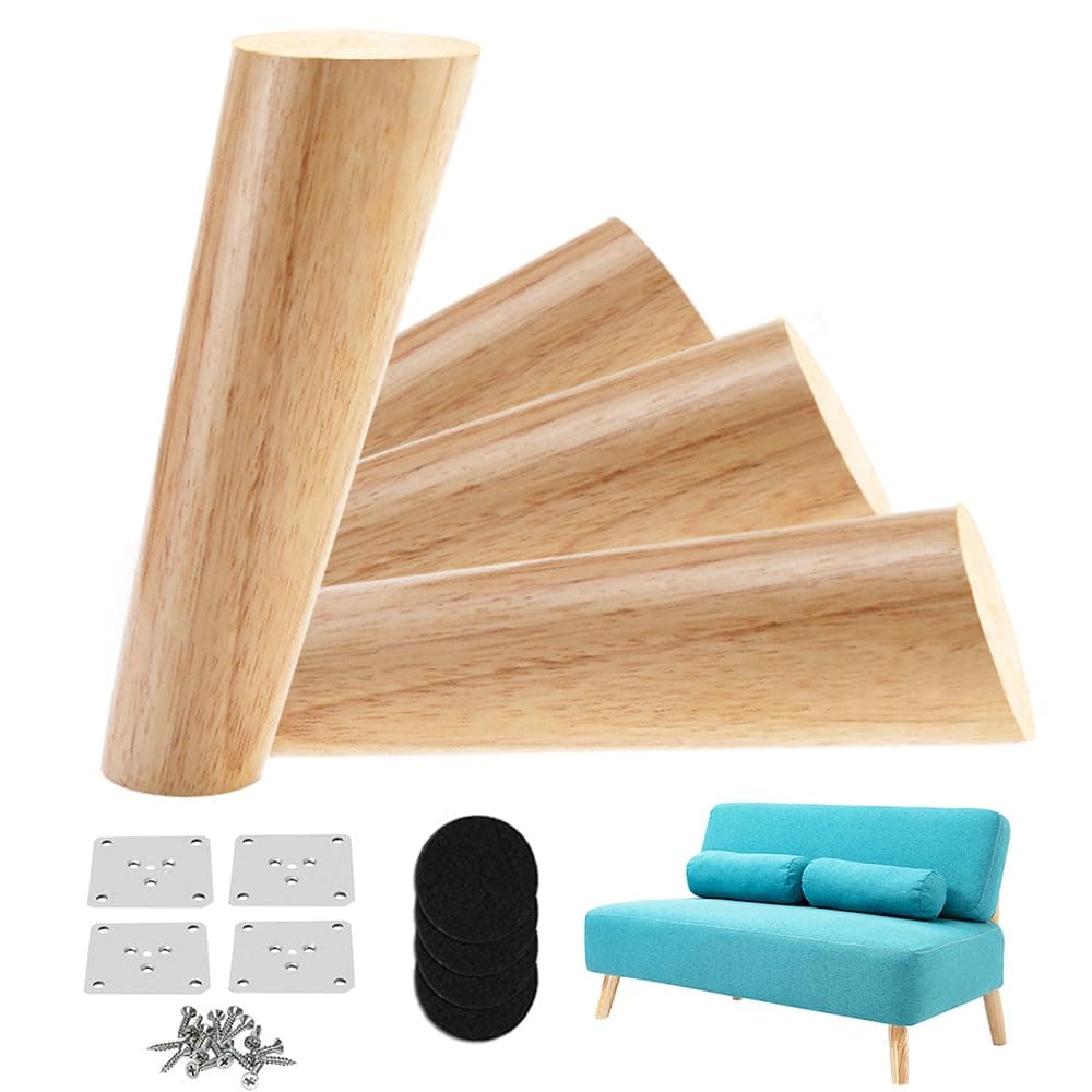 LBW Solid Wood Furniture Legs Round Couch Legs, 6 Inch No Slip Replacement Feet for Sofa, Bed, Armchair, Cabinet, Coffee Table with Mounting Plate Set of 4, Original Wood Color