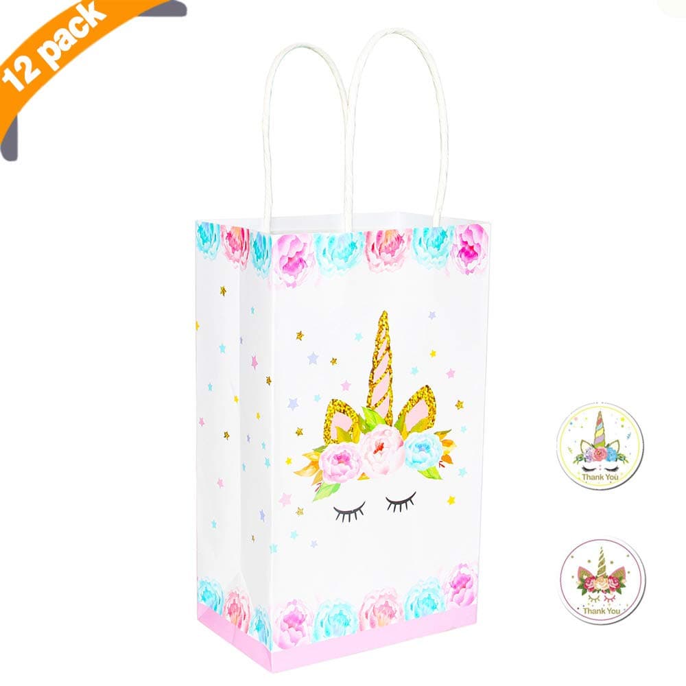 YiRAN 36PCS Unicorn Party Bags/Gift Bags Set, 12 Pink Unicorn Handy Paper Bags+24 Magical Unicorn Thank you Stickers - Unicorn Party Favor Bags Birthday Party Supplies, Treat Bags/Goodie Bags for Kids