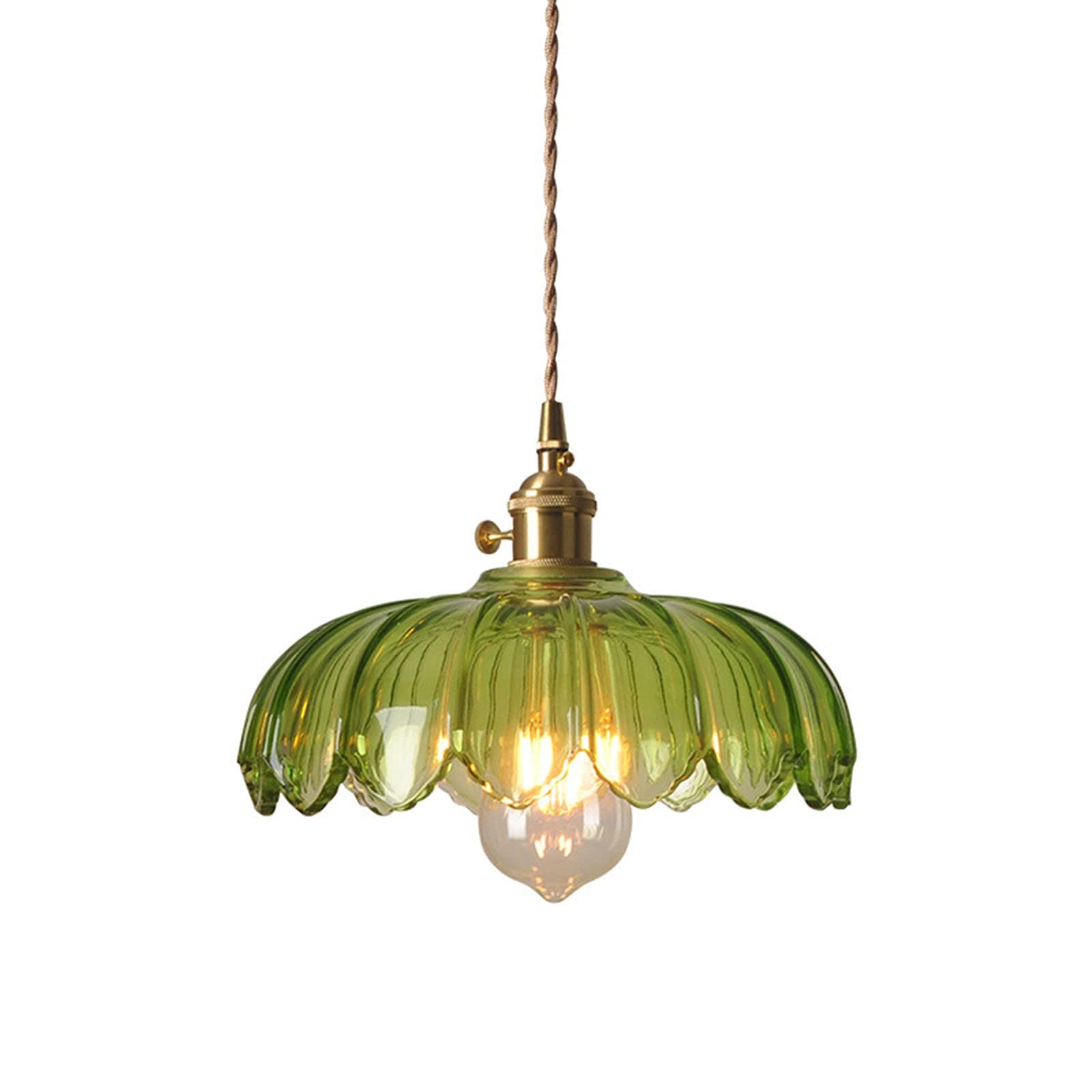 Farmhouse Glass Lotus Pendant Lighting Industrial Vintage Loft Bar Ceiling Hanging Lamp E26 Brass Holder 1-Light Chandelier 9.84" (Green)