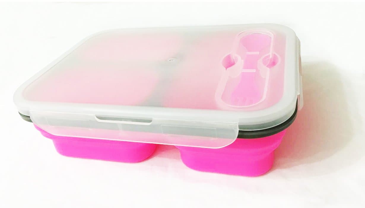 ReaLegend Bento Box Lunch Box Collapsible BPA-Free Lunch Bento Box with 3 Compartments and Cutlery Food Container - Rose