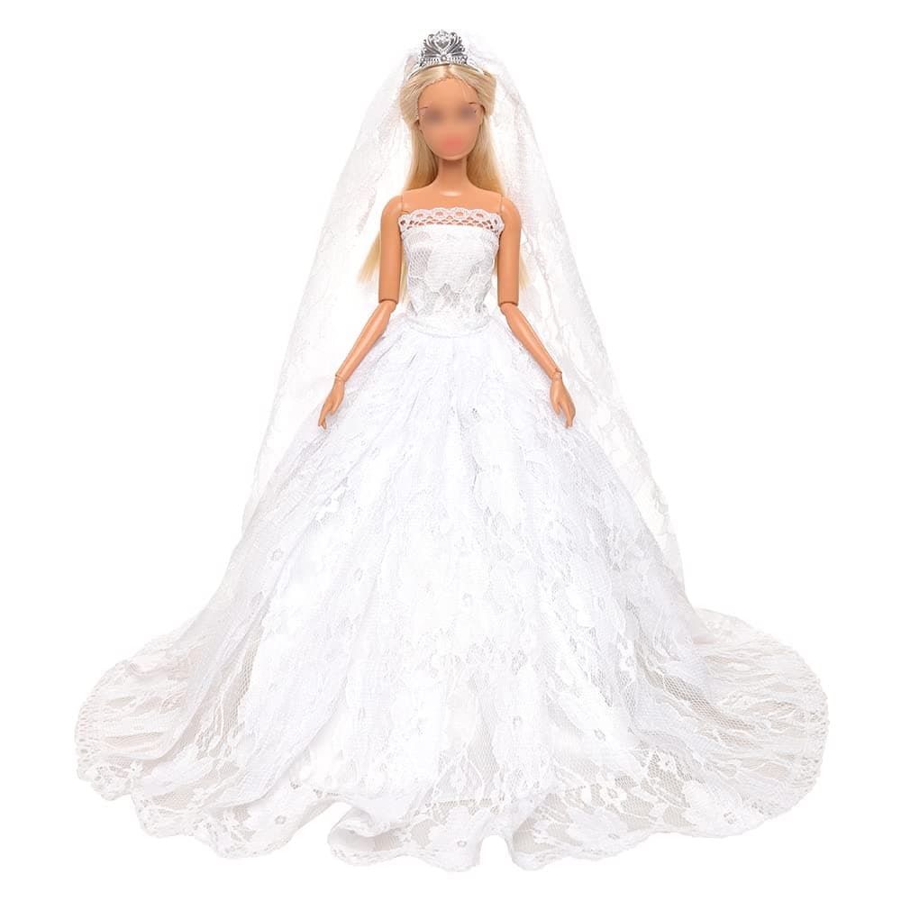 BARWAWhite Wedding Dress with Long Veil Evening Party Princess White Lace Gown Dress for 11.5 Inch Girl Doll