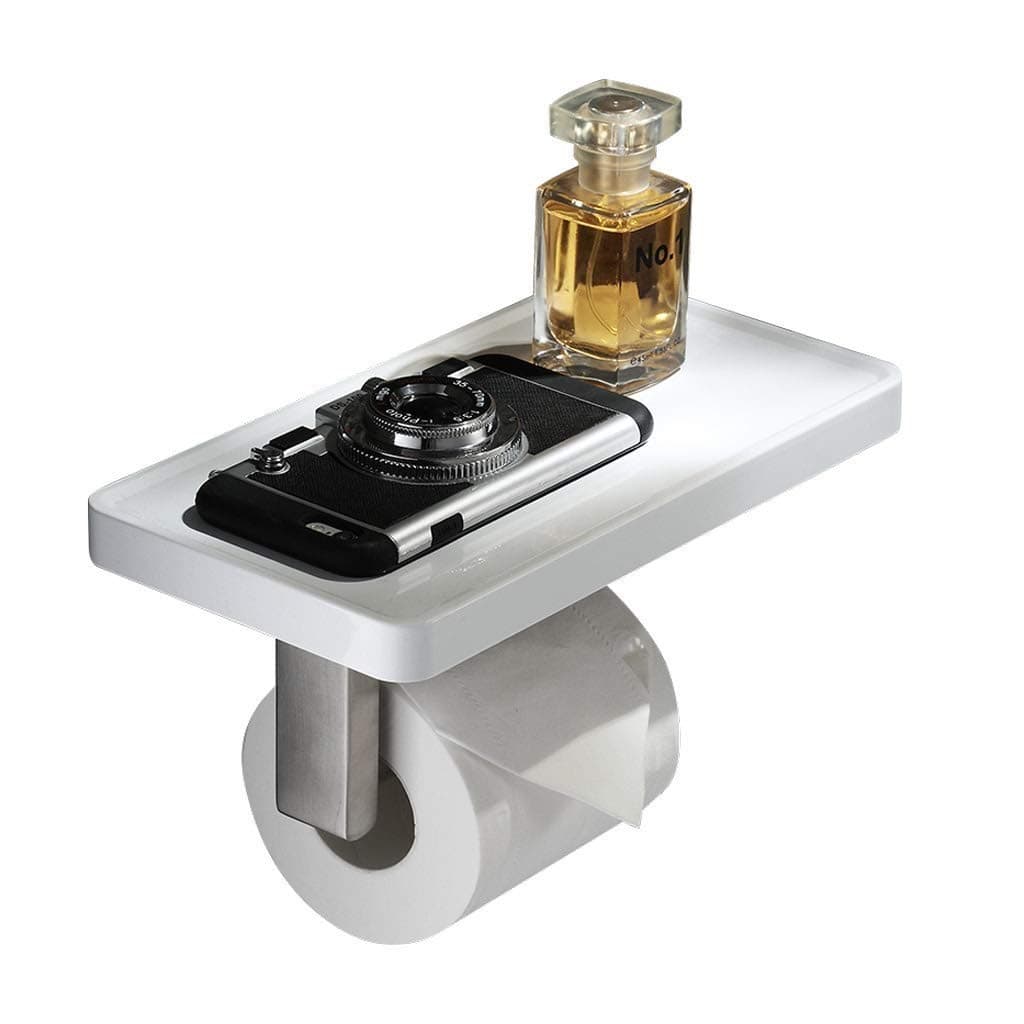 yutr Toilet Paper Holder- with Wooden Shelf Metal Wall Storage Missingift Iron Pipe Tissue Roll Hanger