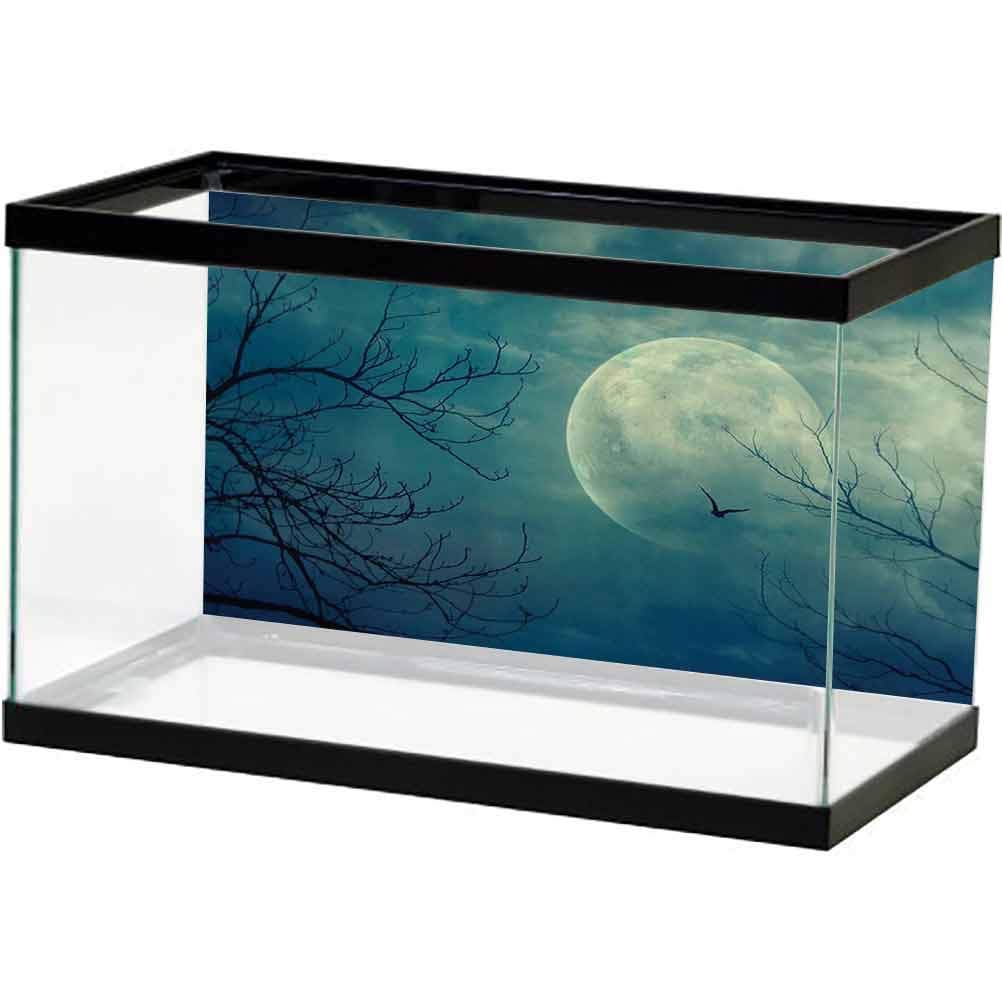 Horror House Decor Fish Tank Background Poster Halloween with Full Moon in Sky and Dead Tree Branches Evil Haunted Forest Thicken PVC Adhesive Fish Tank Backdrop Static Cling Blue L30 X H18 Inch
