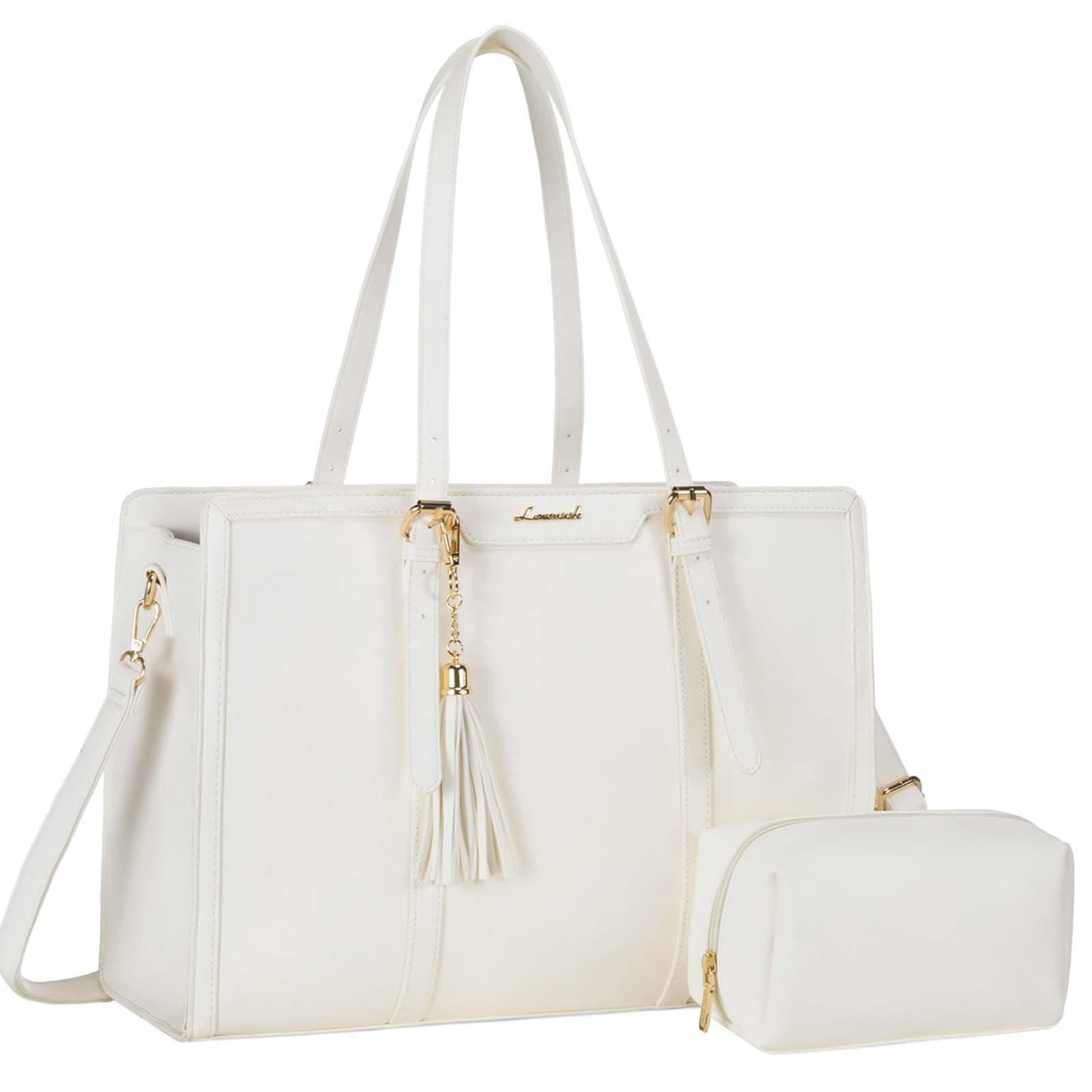 [LOVEVOOK] Women's Laptop Tote Bag, 17 Inch Canvas Leather Computer Bag with Clutch Purse for Business, Travel, Casual, White, 15.6 Inch, Contemporary