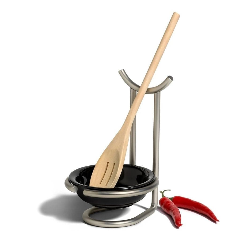 Spectrum Euro Standing Spoon Rest with Ceramic Dish Upright Cooking Utensil Holder for Kitchen Counter Oven Stove, Modern Steel Stand with Drip Catcher Stove Top Ladle Holder Stain Nickel