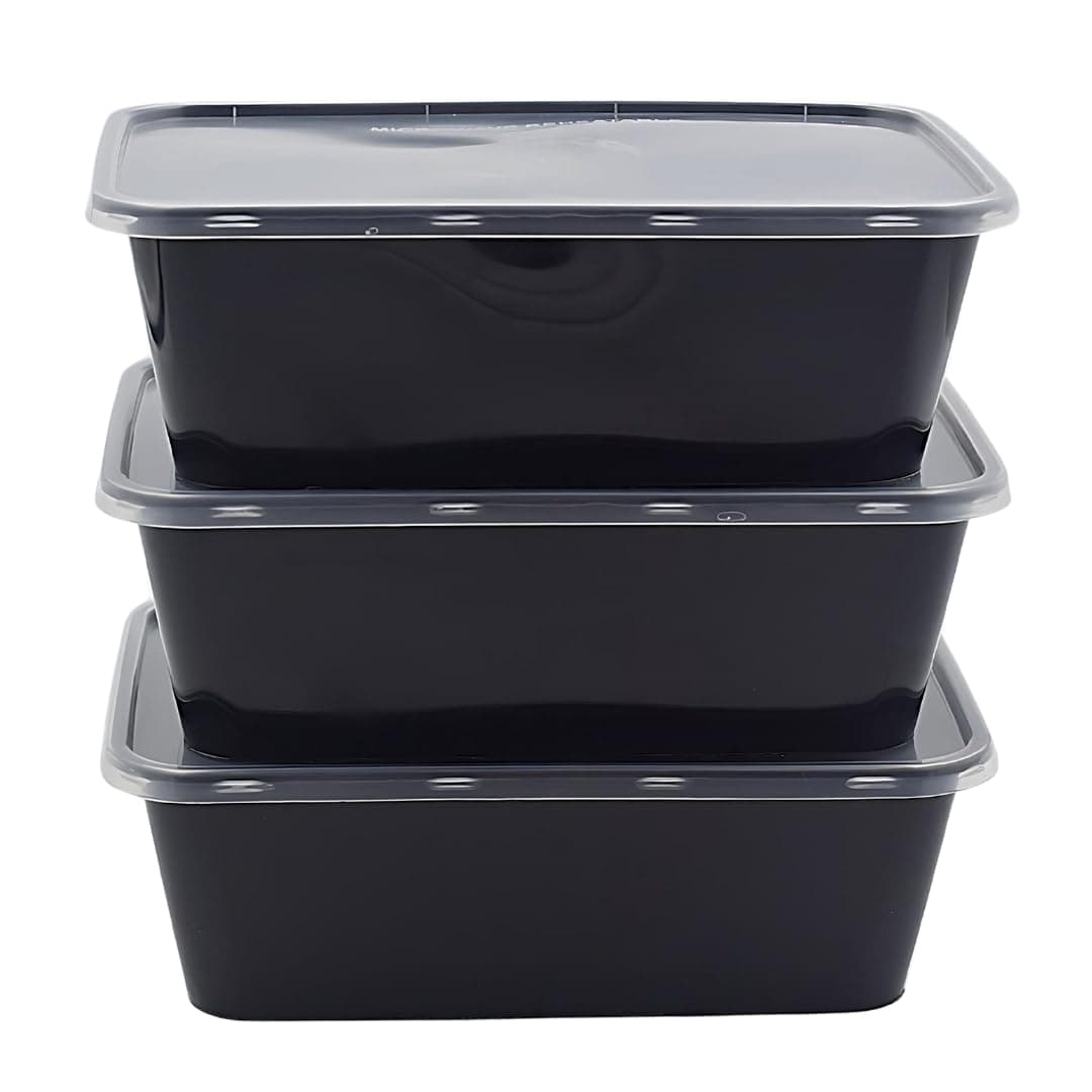 Reusable Rectangle Plastic Food Storage Containers with Lids - Fridge, Microwave Safe - Ideal for Food Delivery, Kitchen and Storage (Pack of 25) 750ml, Black