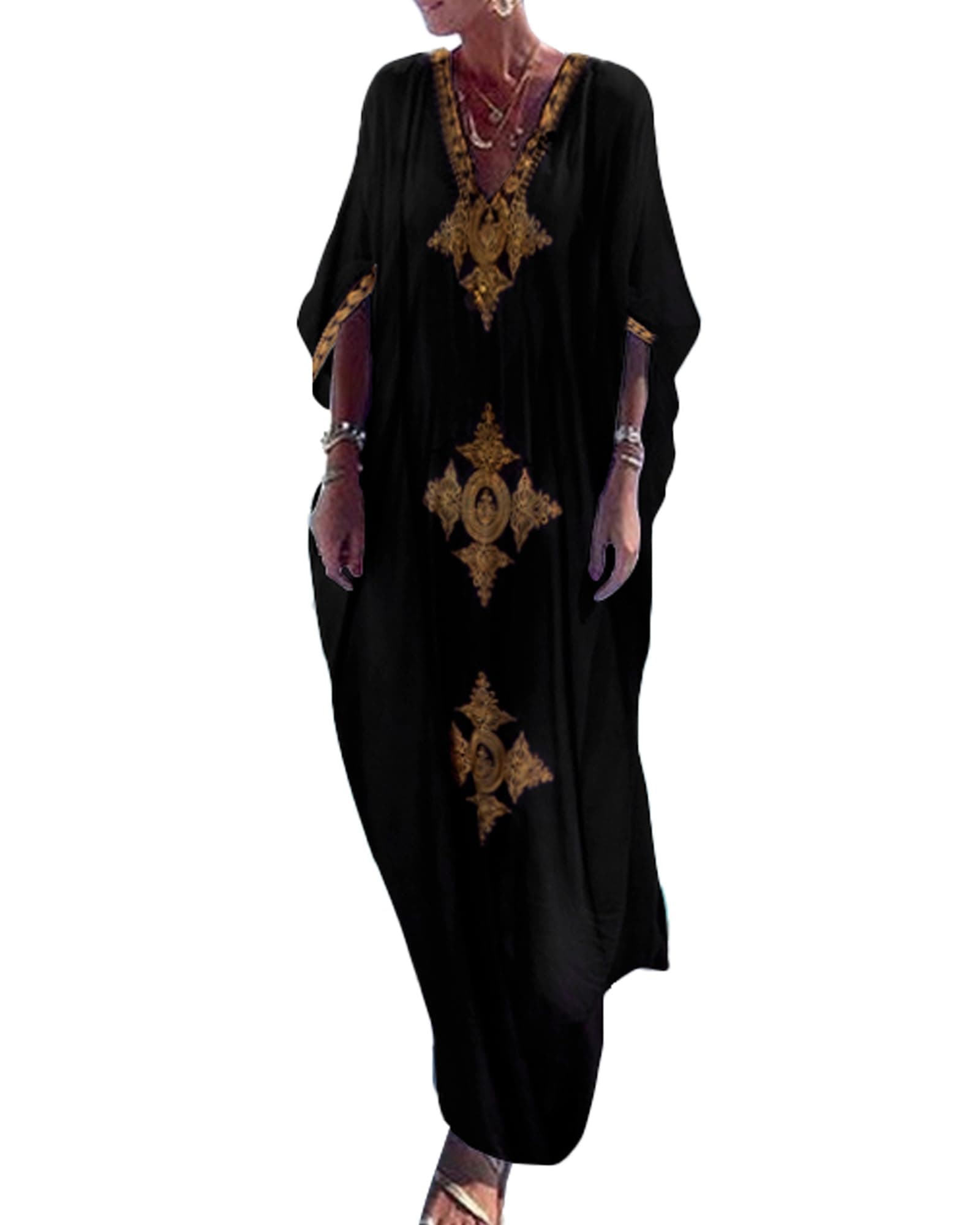 Bsubseach Gold Embroidery Long Kaftan Dresses V Neck Caftan Dress Beach Cover Ups for Women Embroidery