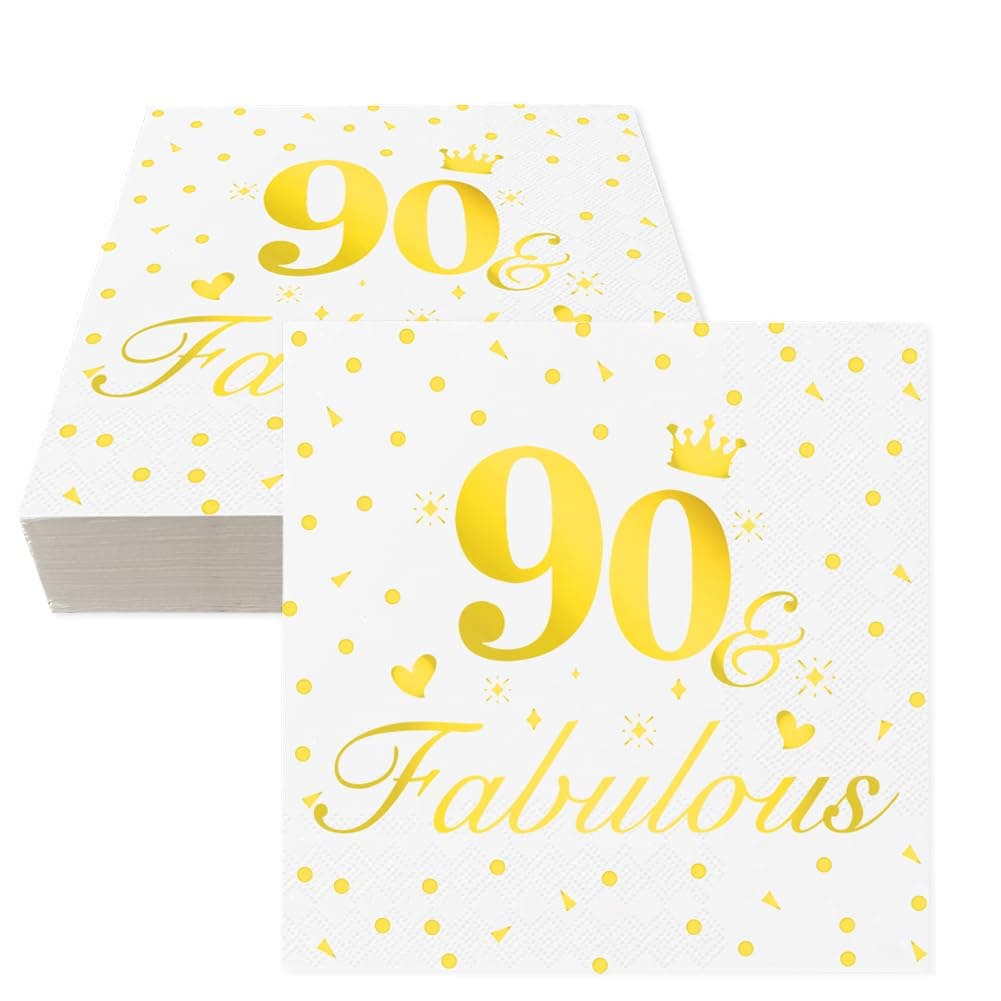 90th Birthday Napkins, 40 Pcs Gold Happy Birthday Napkins for 90th Birthday Table Decoration Anniversary Decoration, Disposable Party Serviettes Napkins for Women Men