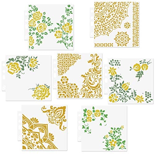 7 Packs Mixed Media Rose Flowers Quarter Mandala Stencils Set - Reusable Mandala Floral Mylar Template for Wood Signs Pillows Wall Scrapbook Card Making DIY Craft Stencil - 5.1x5.5"
