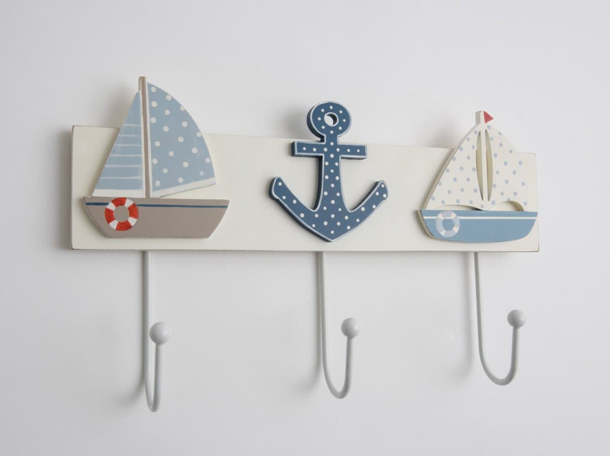 Nautical White Blue Wooden 3 Hook Coat / Bathroom Rack