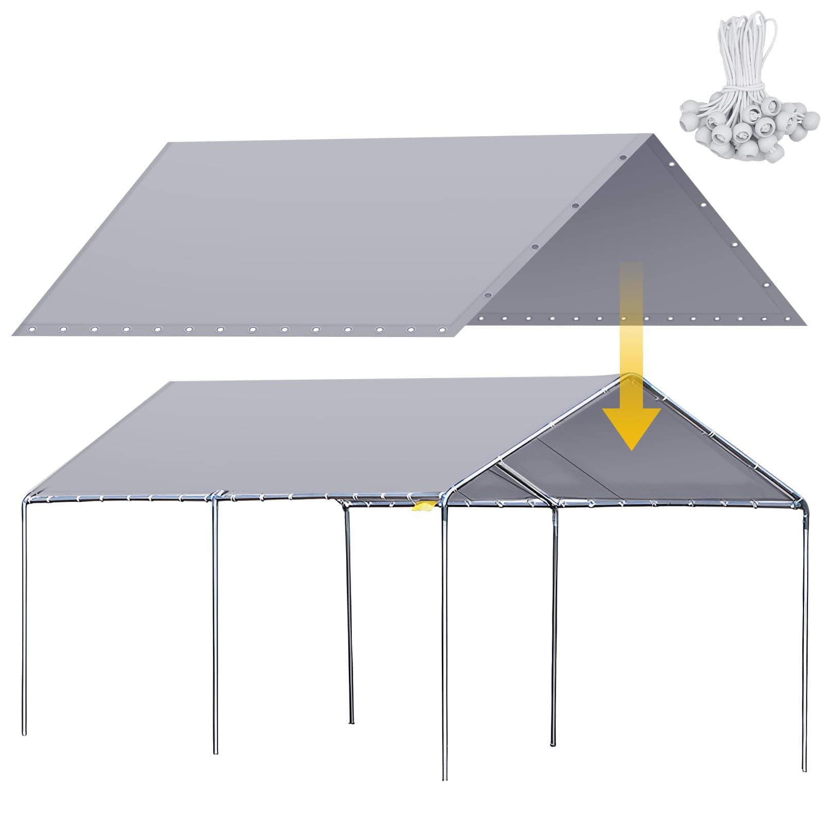 10 x 20 ft Heavy Duty Canopy Replacement Cover Waterproof Carport Garage Car Shelter Tarp Tent for Car Canopy with 50 Ball Bungees, Only Top Cover, Frame is Not Included