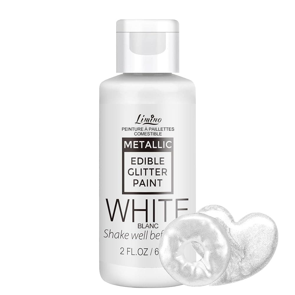 Edible Glitter Paint - 2 fl.oz Food Grade Metallic Glitter Cake Paint for Cake Decorating, Baking, Cupcakes - Shimmer Art Decorative Liquid Edible Paint Food Coloring for Fondant, Donuts (White)