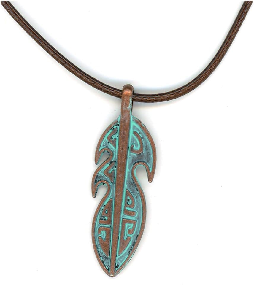 Urban Moon Copper Tone Tribal Feather Verdigris Patina Men's Pendant Necklace 18-19.5 Inches Brown Cord