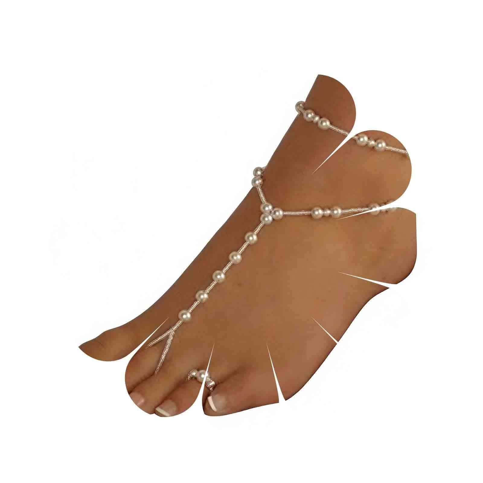 Boho Pearl Barefoot Sandal Anklet Gold Pearl Ankle Bracelet Toe Ring Anklet Vintage Summer Foot Chain Jewelry for Women (2 Layer)