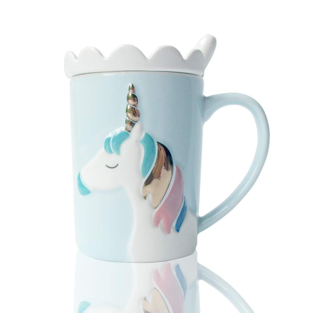 BigNoseDeer Cute Mugs Ceramic Unicorn Mug Funny Coffee Mug Unique Milk Tea Cups with Lace Lid and Spoon for Kids, Women,Girls (Blue)