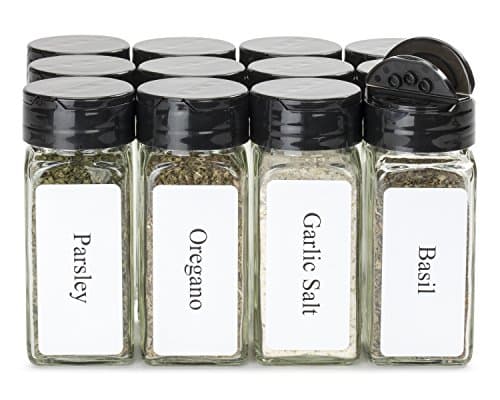 Glass clear square spice jars with sleek Black sifter lid 4oz in a case of 12 with sheet of 15 white gloss printable labels bundle. Free template emailed after purchase.