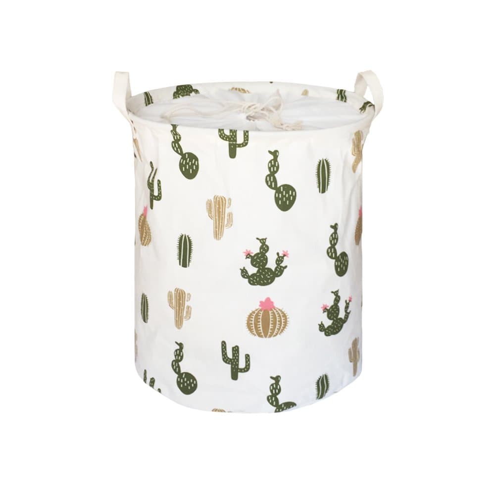 Round Collapsible Waterproof Coating Laundry Hamper Foldable Laundry Bin with Handles & Drawstring Closure(Green Cactus)