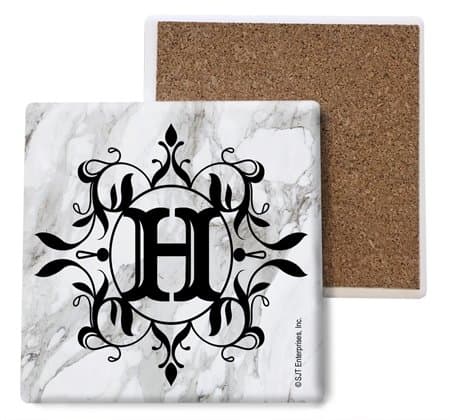 SJT ENTERPRISES, INC. Initial/Letter Marble Texture Coasters -H Absorbent Stone Coasters - Cork-Backed Coasters for Drinks - 4 x 4 inches - Set of 4 (SJT96813)