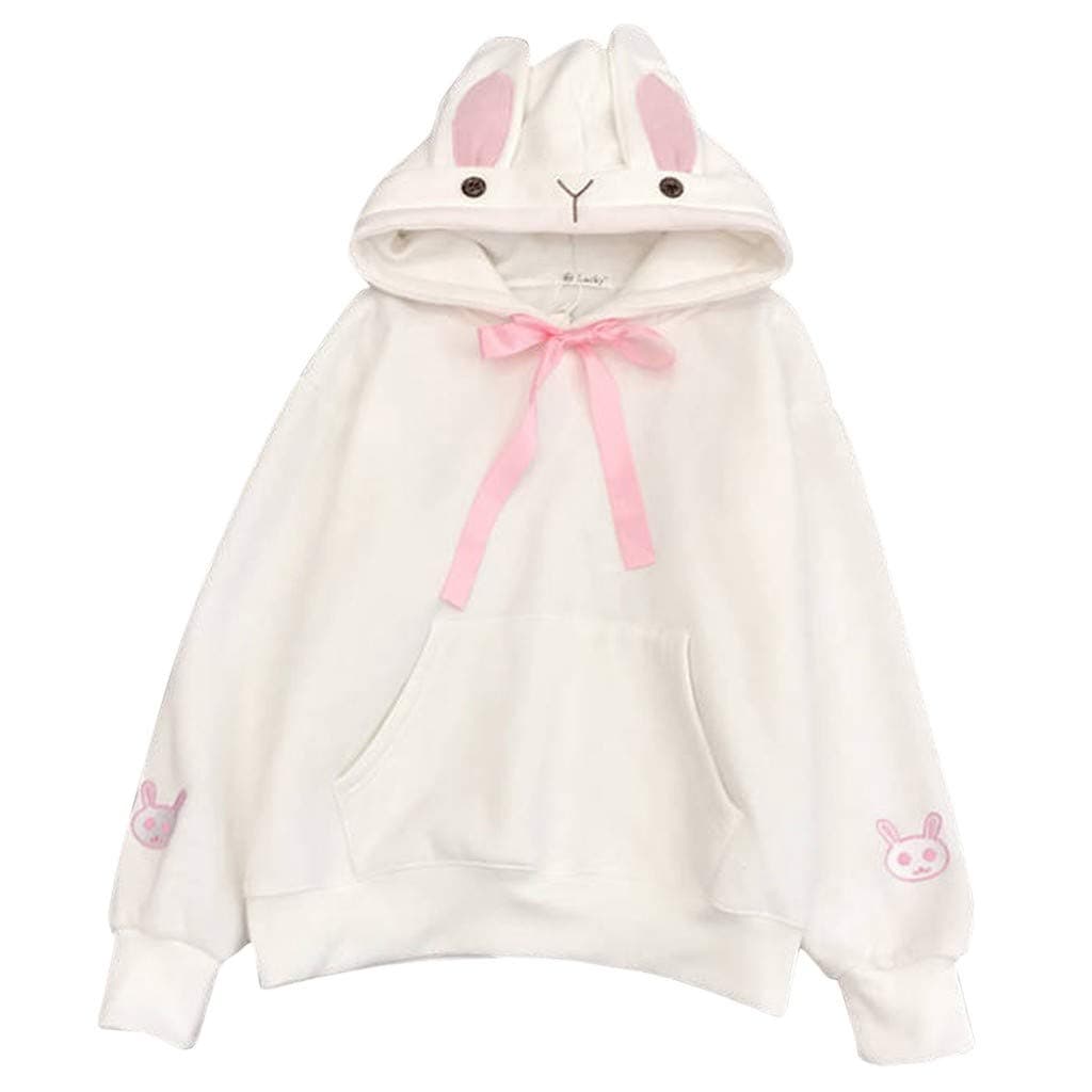 Women Hoodie, Shybuy Womens Girls Cute Rabbit Bunny Ears Long Sleeve Casual Hoodie Sweatshirt Pullover Tops Blouse (White-2, XS)