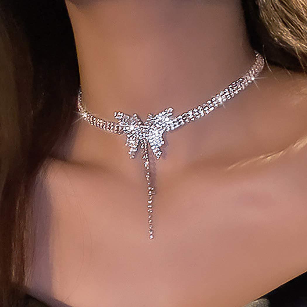 Rhinestone Choker Necklace Silver Diamond Row Necklaces Sparkly Crystal Prom Jewerly for Women